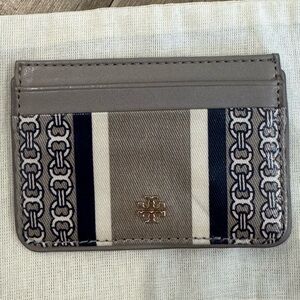 Tory Burch Striped Card Holder in Gray and Navy